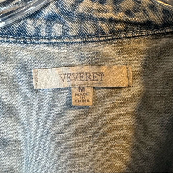 VEVERET‎ Babydoll Peasant Boho Raw Hem Pockets Puff Sleeves Denim Mini Dress M - Picture 3 of 9